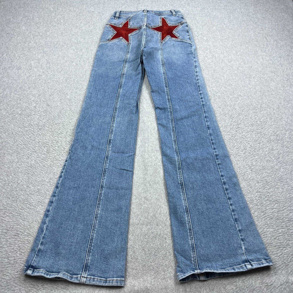 We The Free People Firecracker Flare Jeans Womens 26 Blue Denim Red Star Patch